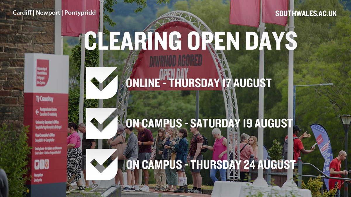 We're offering a programme of online and on-campus clearing events to help you get the information you need about USW.

💻 Find out about available courses
🚶‍♀️Explore our campuses
🏡Tour the accommodation
💬 Chat with current staff &amp; students 

#USWClearing #Clearing #Clearing2023