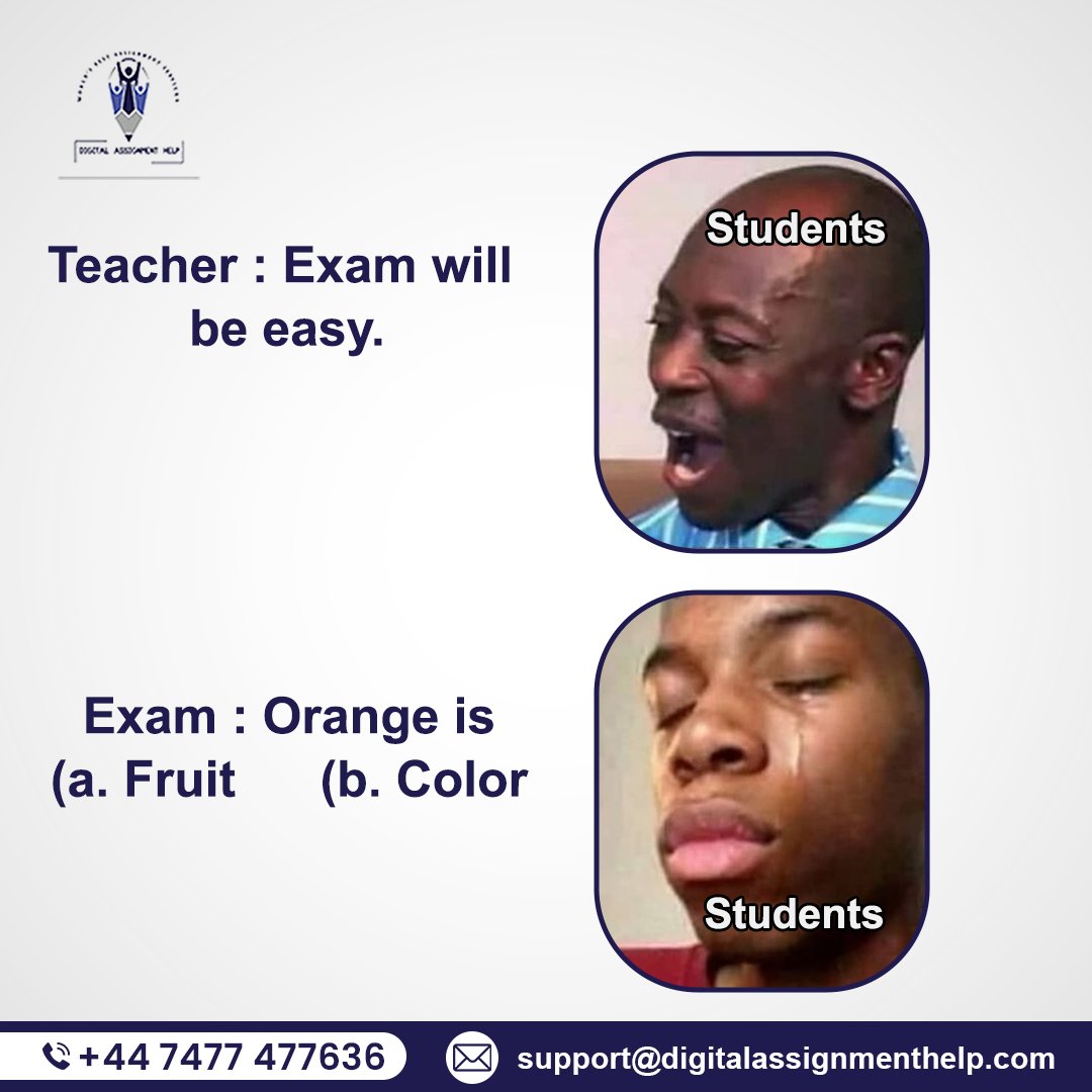 When the teacher said, 'The exam will be easy,' but the exam had other plans 😅 

📞: +44 7477 477636  
📧: support@digitalassignmenthelp.com 

#ExamSurprises #TeacherQuotes #MemeTime #OrangeConfusion #SchoolDays #StudyLife #FruitOrColor #ExamStruggles #DigitalAssignmentHelp