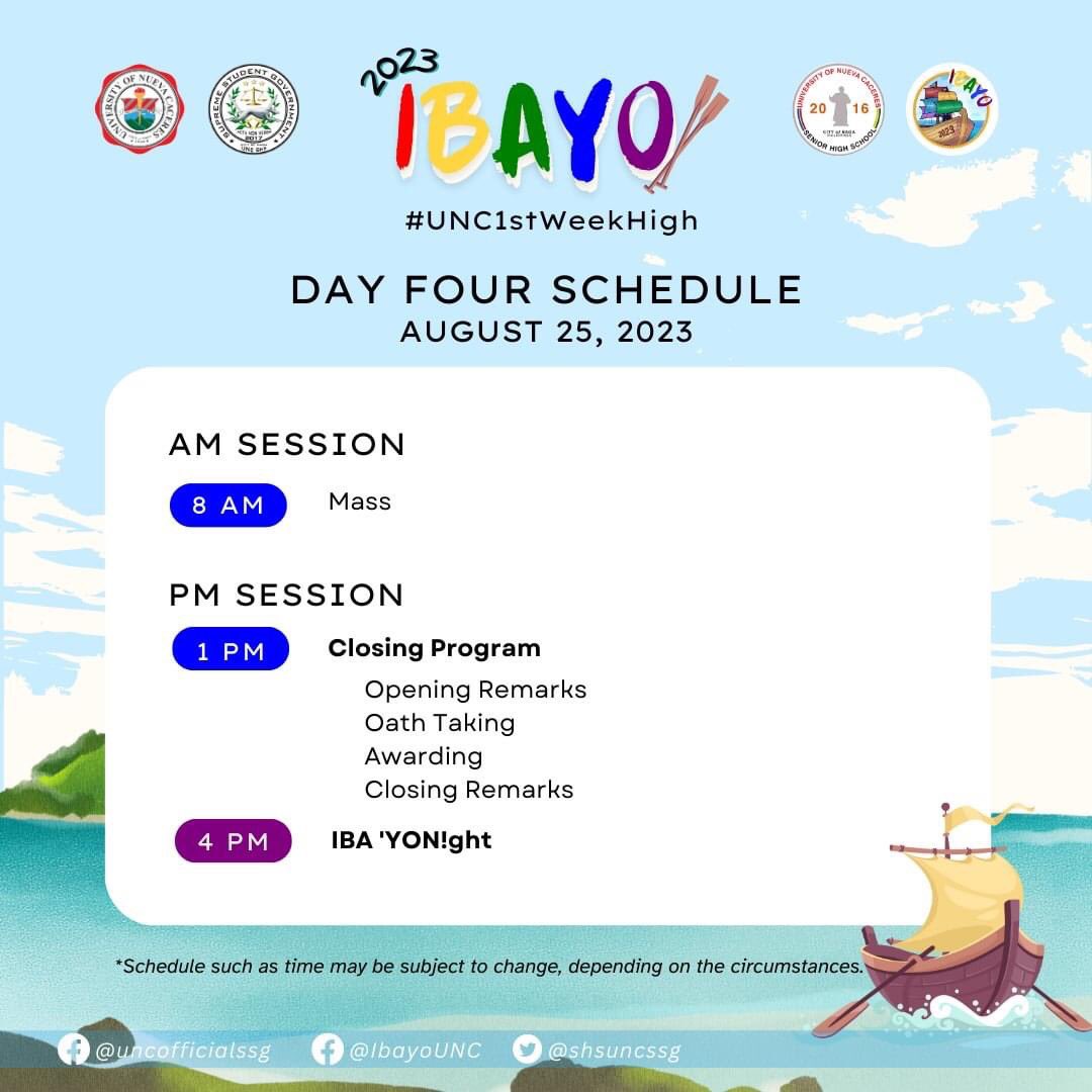SHSUNCSSG's tweet photo. 𝐃𝐀𝐘 𝟒

On the last day, there will be a Thanksgiving mass in the morning. The afternoon session will be for the closing program, such as awarding, oath-taking, and many more. To finally end the ORSEM, a mini-concert, IBA ‘YON!ght, with bands for the students to groove to. https://t.co/V0JrHgd7B0