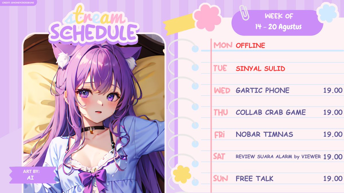 💜MOLOR Schedule💜

📅14 - 20 Agustus
jadwal bisa berubah sewaktu' tergantung kondisi😌
ingpo : discord.

【Hashtag】
🐽General : #MirohGora
🐽Live : #MirohLive
🐽Fanart : #MirohArt
🐽Clip : #MirohClip
🐽Meme : #MirohGarong
🐽Fandom : #Barong

#Vtuber #VtuberID #vtuberindonesia