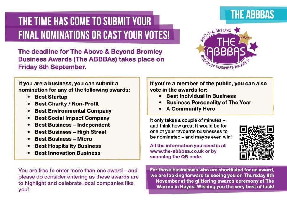 michelle_simps's tweet image. For all local friends &amp;amp; businesses - now’s the time to get your nominations in for the ‘Above &amp;amp; Beyond Bromley Business Awards’ (The ABBBAs)…

Voting closes on 8th Sept!