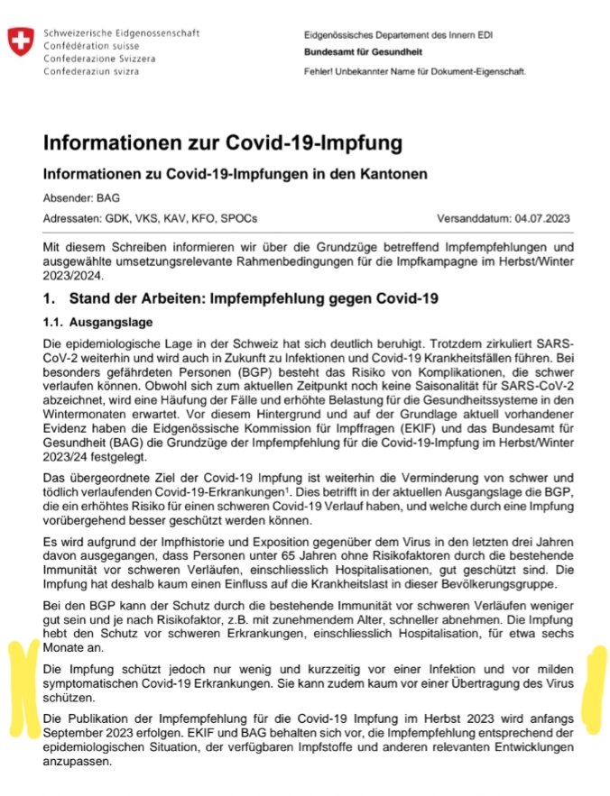 Die Impfempfehlungen des BAG sind draussen. Es ist schriftlich: 

Die seit drei Jahren experimentell als Impfstoffe eingesetzten #modRNA #Genpräparate, wobei die Bevölkerung massiv zur Injektion (2-4mal) gezwungen wurde (Einschränken von Grundrechten, Jobverlust, Beleidigung,