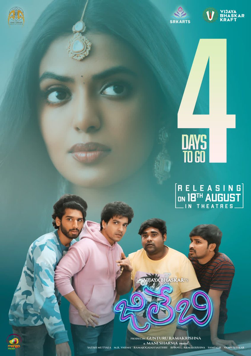 4 days to go for #Jilebi!🤩🔥

A film that will leave you with FUN & THRILL in theatres on AUG 18th

#జిలేబి #JilebiOnAUG18th

A #VijayaBhaskar Film🎥

@kamalsayz @Rshivani_1 #ManiSharma #GunturuRamaKrishna @srkarts_ #VijayaBhaskarKraft #AnjuAsrani @MangoMusicLabel
#filmcombat