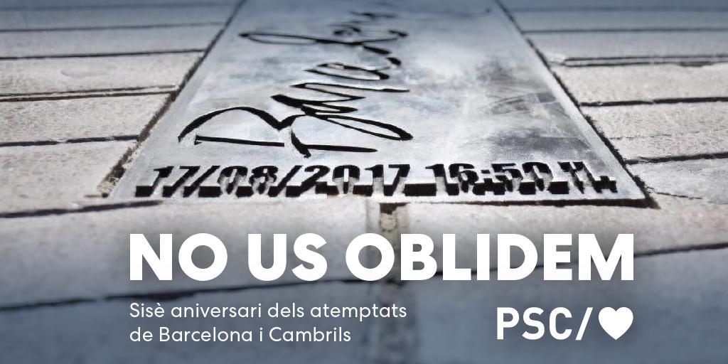 socialistes_cat's tweet photo. ⚫️ Avui, #17A, fa sis anys dels terribles atemptats de #Barcelona i #Cambrils.

Tota la nostra solidaritat amb les víctimes, les seves famílies i éssers estimats. Sempre als nostres cors.

No us oblidem.

#PSC/❤️ https://t.co/jq5gj8Bpvm