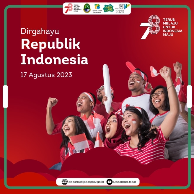 Dinas Pariwisata dan Kebudayaan Provinsi Jawa Barat mengucapkan selamat memperingati Hari Ulang Tahun ke-78 Kemerdekaan Republik Indonesia tercinta 🥳 Terus Melaju untuk Indonesia Maju 🔥