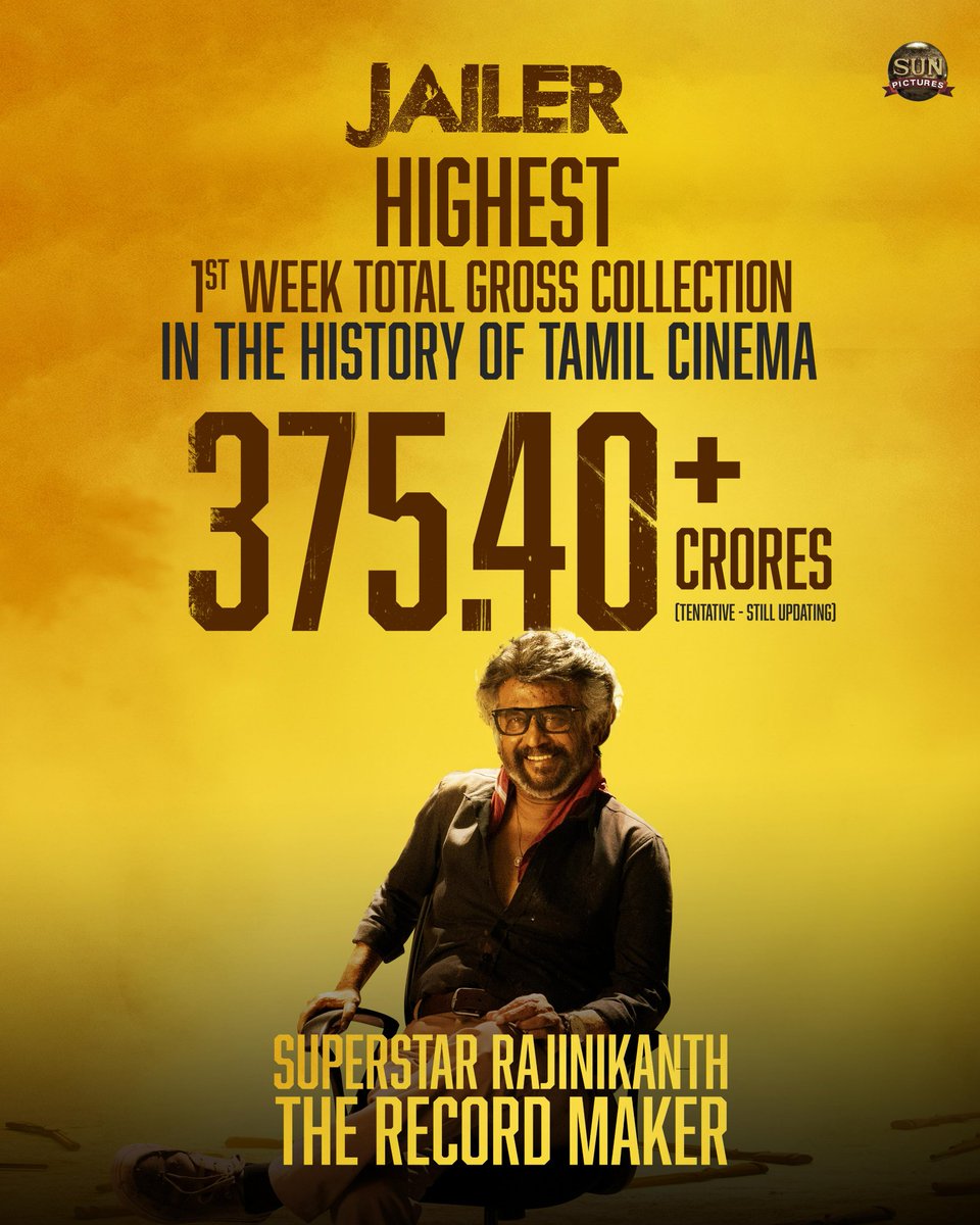 Official : Tentative Gross 375 Crores ( Sun Mentioned it’s not Updated ) Alapparai kelappitom 💥🔥🔥 #JailerRecordMakingBO #Rajinikanth @rajinikanth