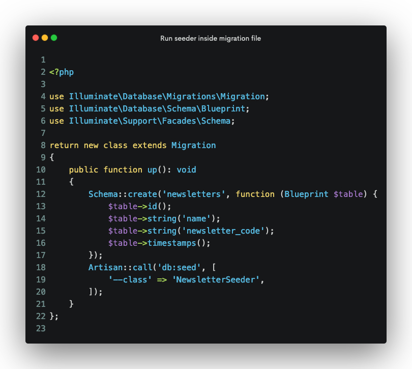 bhaidar's tweet image. 🌶️ #Laravel tip: One day you want to populate a db table with a few records that you want to persist especially when deploying the app for staging/production.

In such cases, I keep it simple and run a seeder inside the migration file side by side.

The end result is creating the…