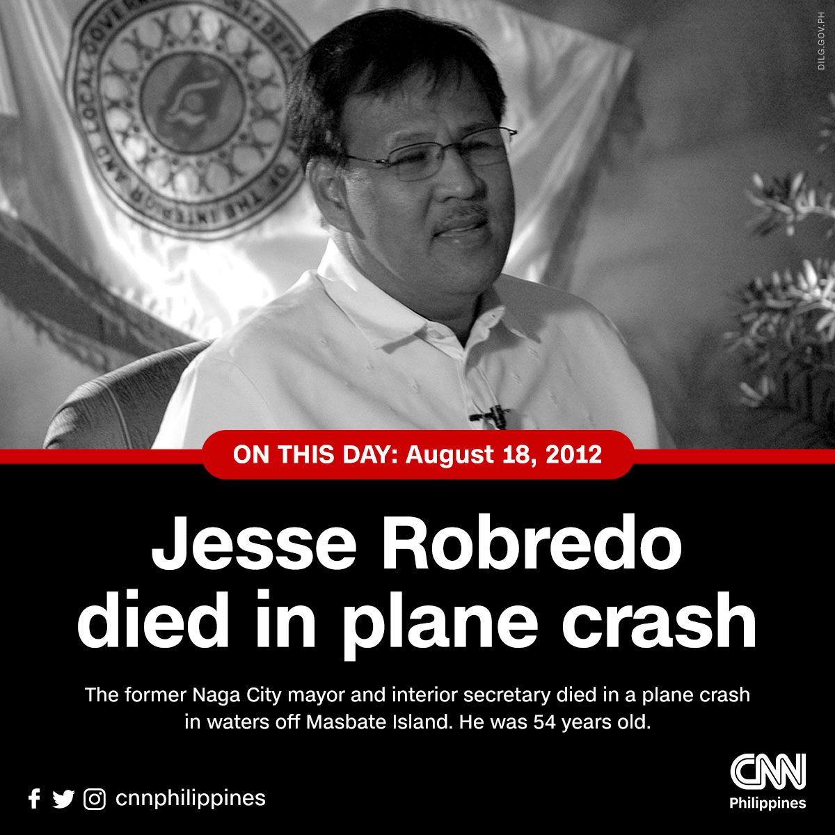 newswatchplusph's tweet photo. Today marks the 11th death anniversary of Interior Secretary Jesse Robredo. 

As Naga City mayor, Robredo left a legacy of transparent governance. He was a Ramon Magsaysay Award for Government Service recipient in 2000. https://t.co/52itwk3a1C