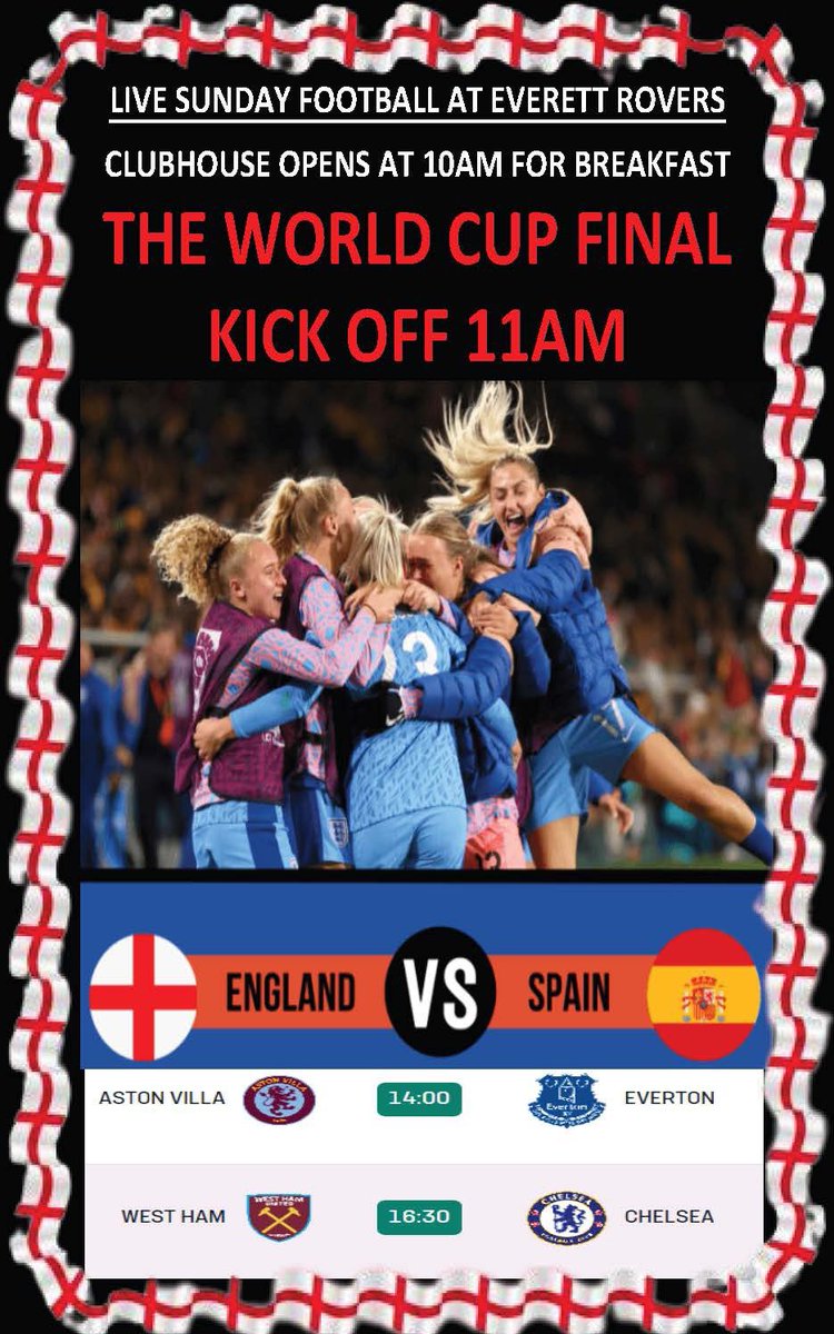 Fed up of watching the over-paid men? 

Well, come down and support the England ladies in the World Cup final instead, this Sunday from 10am! 
(Oh and we’ve got the Prem on afterwards) 😉

Everyone welcome! 
🔥⚽️🔵⚫️🏴󠁧󠁢󠁥󠁮󠁧󠁿🏴󠁧󠁢󠁥󠁮󠁧󠁿🏴󠁧󠁢󠁥󠁮󠁧󠁿🔵⚫️⚽️🔥