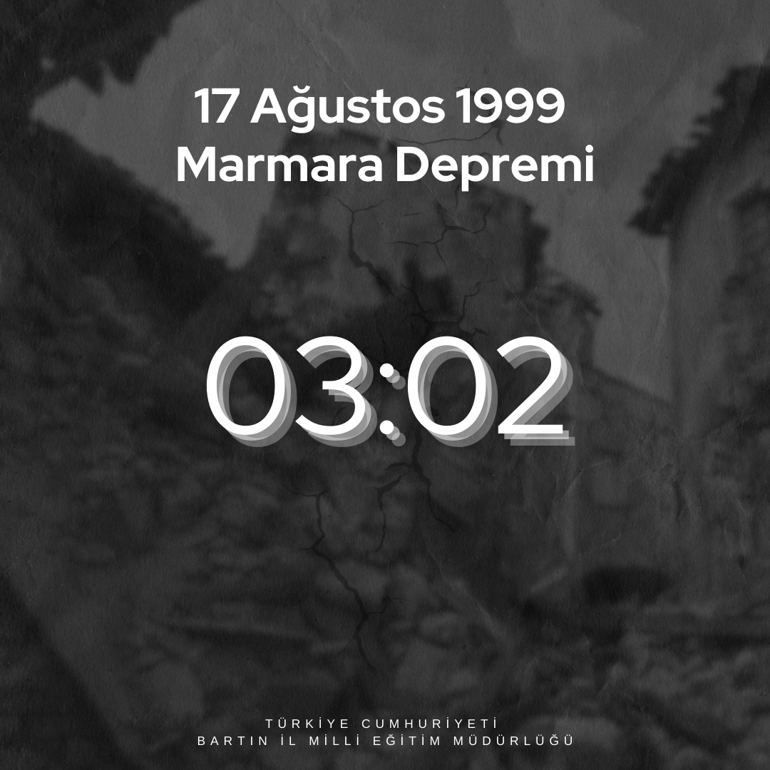 Geçen 24 yıla rağmen yakın tarihimizin en acı günlerinden birisi olan 17 Ağustos Gölcük Depremi'nin hüznünü bir kez daha yüreklerimizde hissediyor, yitirdiğimiz tüm canlarımızı özlem ve rahmetle anıyoruz.
<a href="/tcmeb/">Millî Eğitim Bakanlığı</a> <a href="/tcbartinvalilik/">T.C. Bartın Valiliği</a> <a href="/OuzhanACAR7/">Oğuzhan ACAR</a>