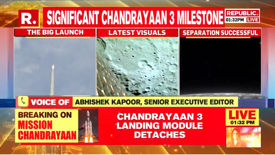 republic's tweet photo. #BREAKING | Chandrayaan-3's Lander Module (LM) successfully separated from the Propulsion Module (PM): ISRO

#ISRO #Chandrayaan3 #India 

Tune in - https://t.co/6CjsNJ9CEq https://t.co/uOQ3nVALAw