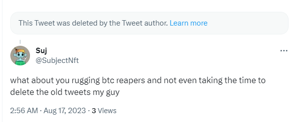 SubjectNft's tweet photo. I love making these grifters insta delete their tweets man.  Can you guys expose this dumbass. Acc probably controlled by these guys that think they are under the radar. Check every like and retweet. @DegenerateNews https://t.co/Pnm4ROPIhG