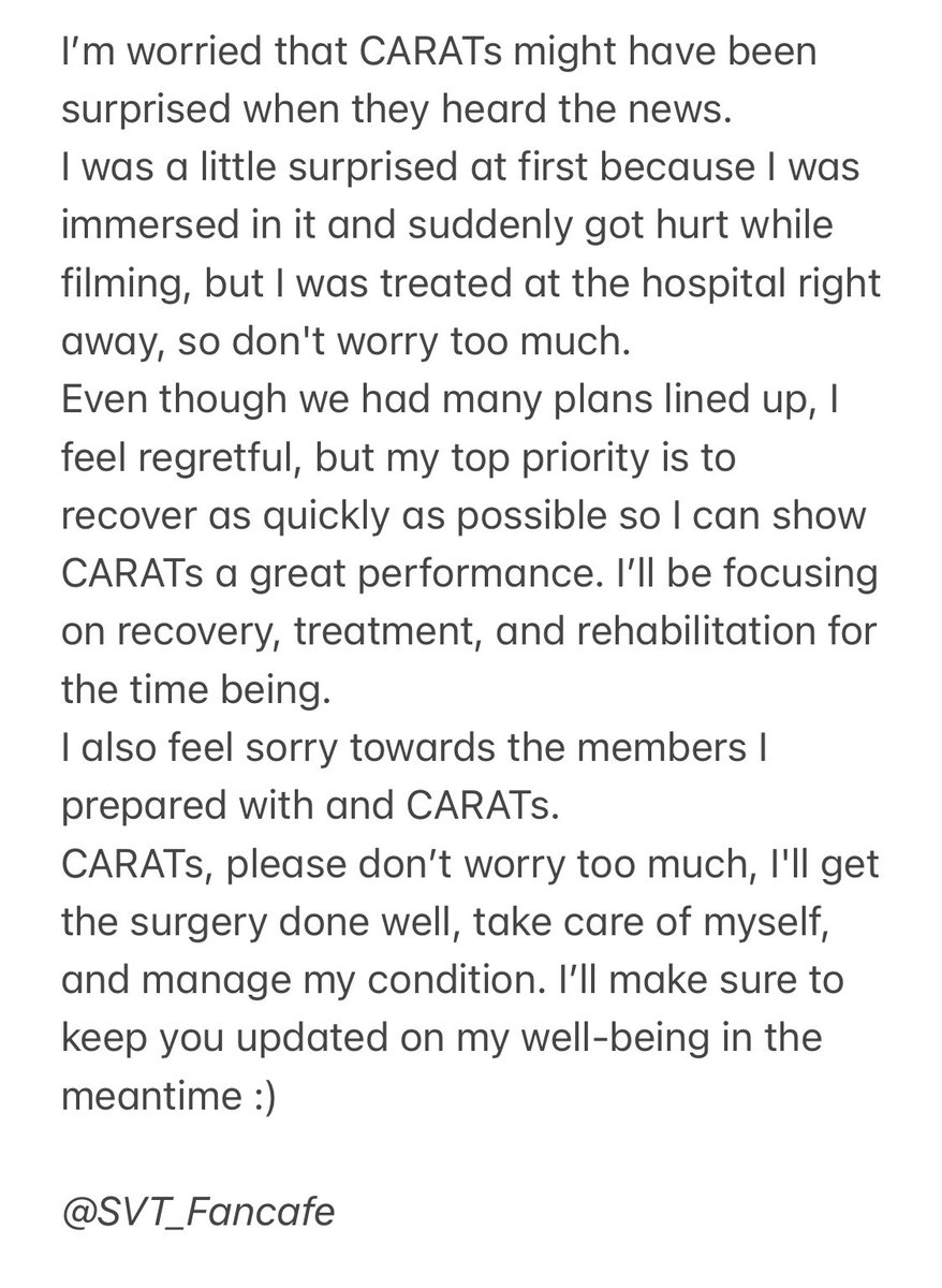 SVT_Fancafe's tweet photo. [#SCOUPS🌟 Weverse]
230817 -16:52 KST-

➸ CARATs, please don’t worry too much, I'll get the surgery done well, take care of myself, and manage my condition. 

(Full translation below)

#에스쿱스 #SEVENTEEN #세븐틴 @pledis_17 https://t.co/thpaJdx1pf