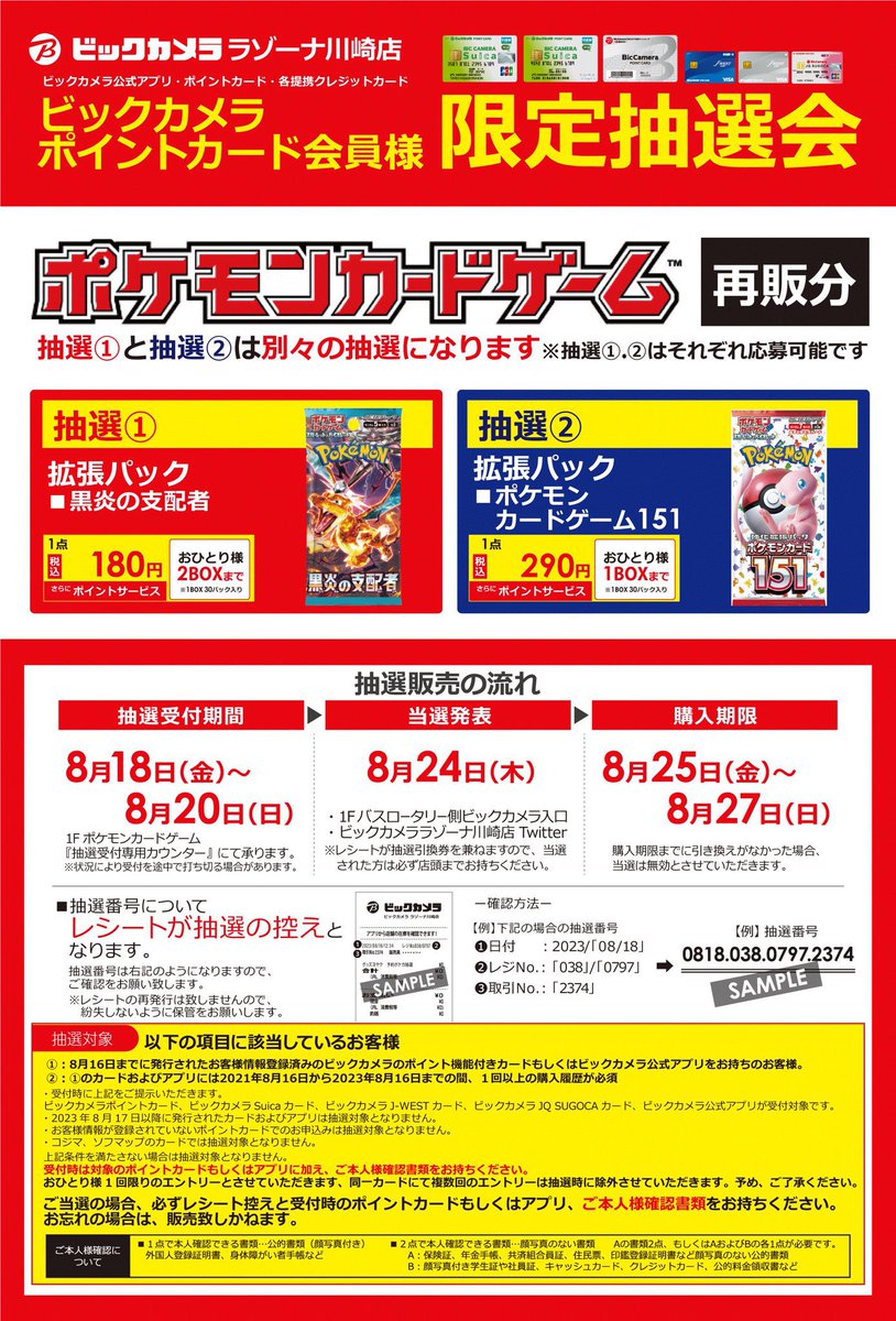 ポケカ抽選販売】 ビックカメラ一部店舗にて「黒炎の支配者」再販分の