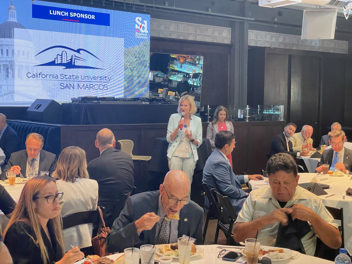 CSUSMAdvocacy's tweet photo. During today’s #SDinSAC luncheon @CSUSM president @EllenNeufeldt gave brief remarks highlighting our commitment to student success &amp; social mobility. We are proud to partner with our region in preparing our students to be the leaders of tomorrow. https://t.co/9rSecmxmLK
