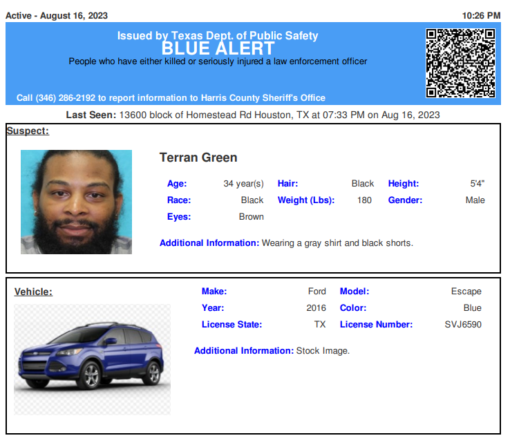 ACTIVE BLUE ALERT for Terran Green from Houston, TX, on 08/16/2023,TX plate SVJ6590