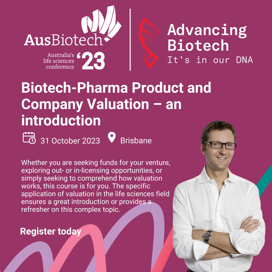 AusBiotech (@ausbiotech) on Twitter photo A leader in biotech valuation, Dr <a href="/patrik_frei/">Patrik Frei</a> (<a href="/VValuation/">Venture Valuation</a>) will deliver an exclusive training workshop, āBiotech-Pharma Product and Company Valuation ā an introductionā, as part of #AusBio2023 pre-conference activities in Brisbane.
Register today > ausbiotechnc.org/workshops A leader in biotech valuation, Dr <a href="/patrik_frei/">Patrik Frei</a> (<a href="/VValuation/">Venture Valuation</a>) will deliver an exclusive training workshop, āBiotech-Pharma Product and Company Valuation ā an introductionā, as part of #AusBio2023 pre-conference activities in Brisbane.
Register today > ausbiotechnc.org/workshops