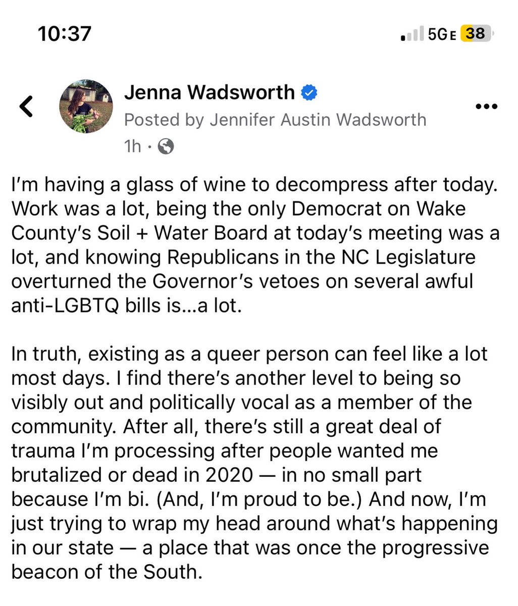 jennawadsworth's tweet photo. Y’all, I’m a puddle. I just want all of my rainbow-flag-flying siblings to feel cloaked in love + empathy. I want us all to be safe. I want us to be free. And I want to live in a world where those things are not only possible, but expected, guaranteed, &amp; affirmed. 

#NCpol #NCGA https://t.co/hgszvxLkQD