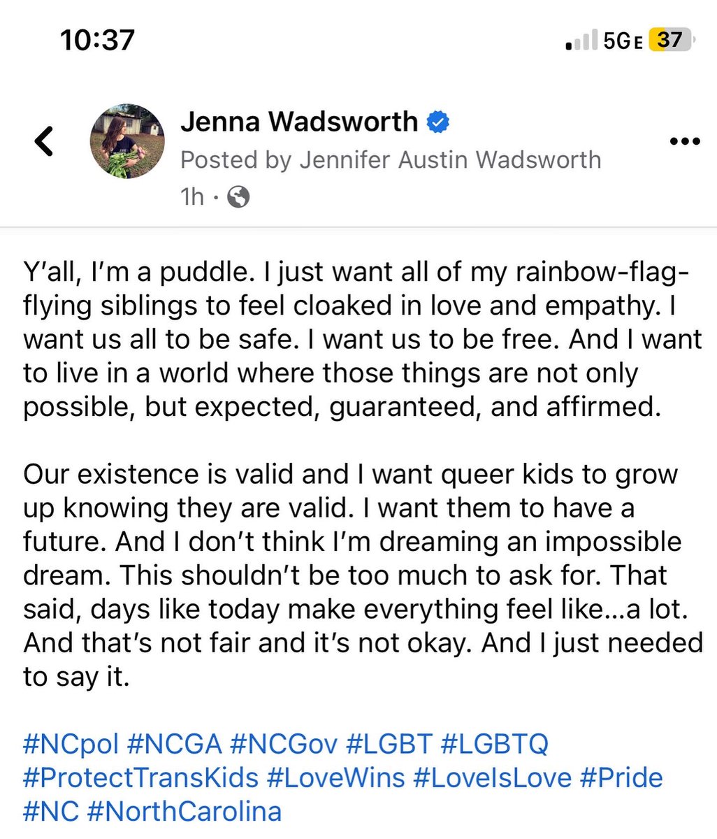 Y’all, I’m a puddle. I just want all of my rainbow-flag-flying siblings to feel cloaked in love + empathy. I want us all to be safe. I want us to be free. And I want to live in a world where those things are not only possible, but expected, guaranteed, &amp; affirmed. 

#NCpol #NCGA