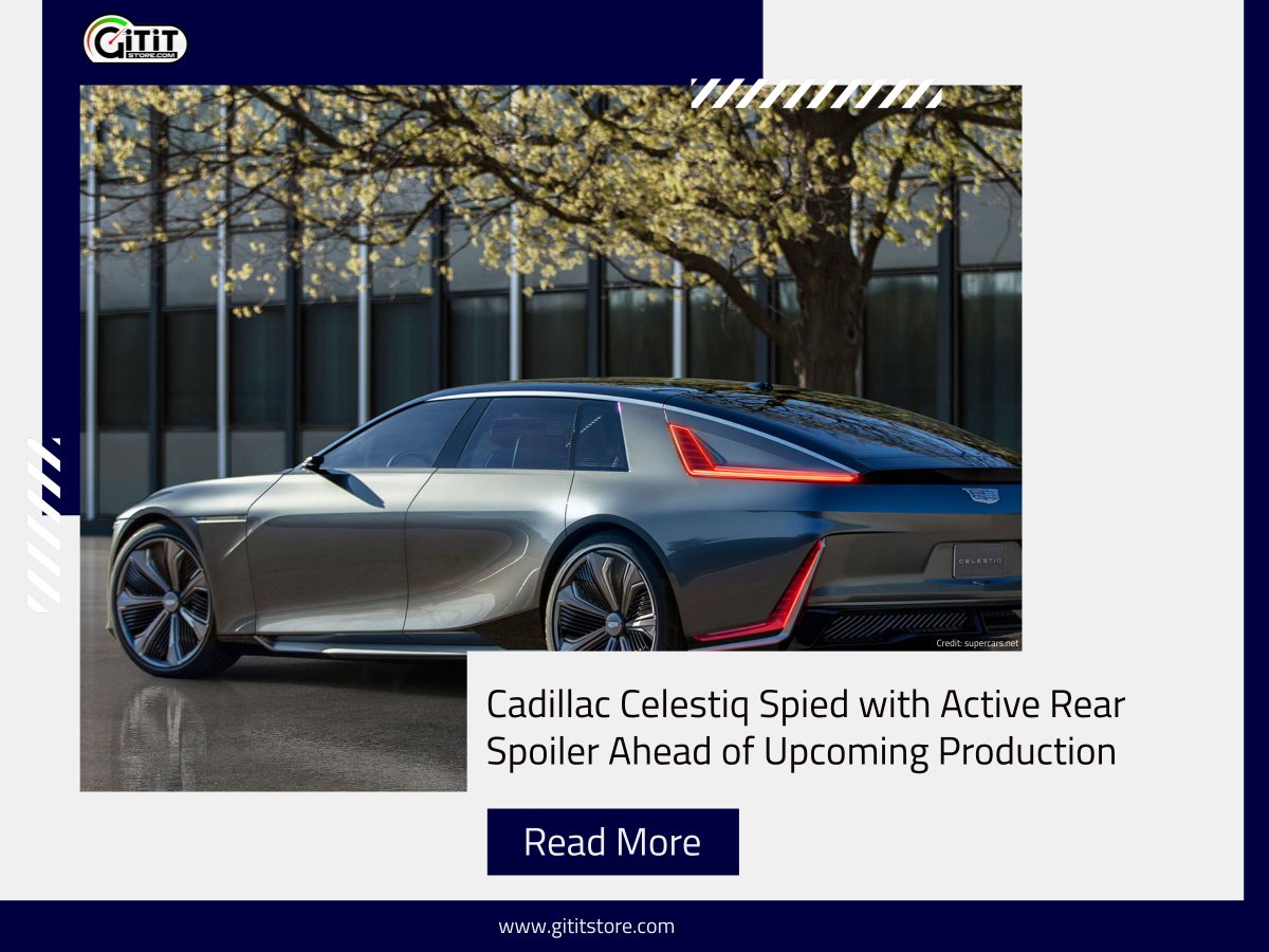 gititstore's tweet image. Cadillac's flagship EV, the Celestiq, preps for production in December, as spy shots reveal its deployable rear spoiler. Despite cosmetic issues in the photos, the hand-built luxury EV boasts 600hp, 300-mile range, and a starting price of $340,000.
#CadillacCelestiq #EVProduction
