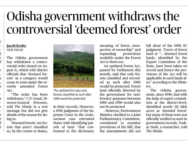 Jairam_Ramesh's tweet photo. After Parliament passed the dangerous amendments to the Forest Conservation Act, 1980 last week, which many including me had warned against, the Odisha government was quick to pass orders that 'deemed' forests would no longer be considered as forests. 

Now the Union Ministry says the state's order is withdrawn. Confusion galore. In its hurry to do away with ‘deemed’ forests, the Modi government has actually doomed forests.