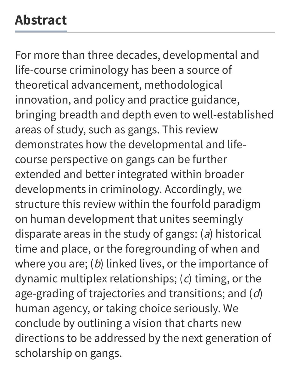 Very excited to share our forthcoming article in the Annual Review of Criminology. 

We hope this piece appeals to everyone from veteran to newcomer contributors to the literature on gangs, as well as those with even passing interest in the topic.

annualreviews.org/doi/abs/10.114…