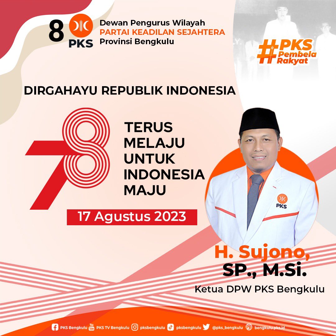 DIRGAHAYU REPUBLIK INDONESIA yang ke-78🇮🇩
Terus Melaju Untuk Indonesia Maju

#PKS
#DIRGAHAYU78INDONESIAKU
#DIRGAHAYURI78
#bersamamelayanirakyat
#PKSPelayanRakyat
#PKSPembelaRakyat
#PKSBengkulu