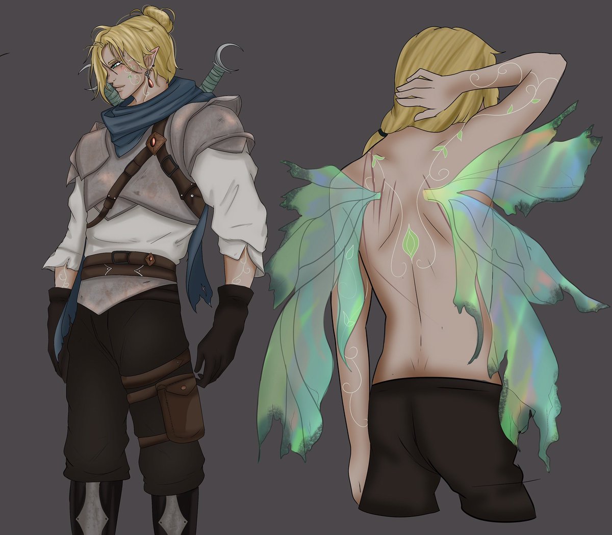 Hermes,the Oath of the Ancients Paladin. If you are looking for the most cinnamon roll,golden retriever boy to ever join your party he's your man. 
He claims to be a half elf, but only to keep his tragic heritage a secret.🍄🌱

I'm so happy with how the wing's color came out~