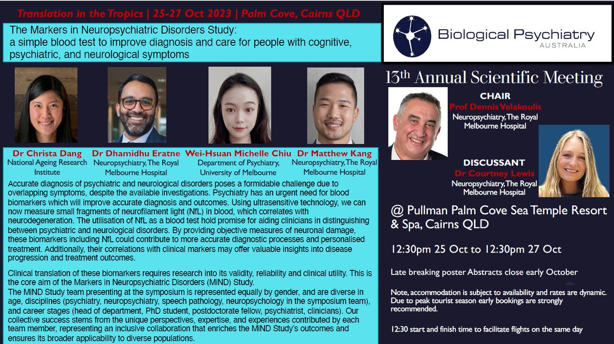 Biological Psychiatry Australia (@biolpsychaust) on Twitter photo BPA2023 | FOURTH SYMPOSIUM ANNOUNCEMENT
The Markers in Neuropsychiatric Disorders (MiND) study <a href="/themindstudy/">themindstudy</a>
Presented by Dr Christa Dang, <a href="/superdha/">Dhamidhu Eratne</a>, Wei-Hsuan Michelle Chiu, @MattJYKang.
Chaired by Prof Dennis Velakoulis, with discussion led by Dr Courtney Lewis BPA2023 | FOURTH SYMPOSIUM ANNOUNCEMENT
The Markers in Neuropsychiatric Disorders (MiND) study <a href="/themindstudy/">themindstudy</a>
Presented by Dr Christa Dang, <a href="/superdha/">Dhamidhu Eratne</a>, Wei-Hsuan Michelle Chiu, @MattJYKang.
Chaired by Prof Dennis Velakoulis, with discussion led by Dr Courtney Lewis