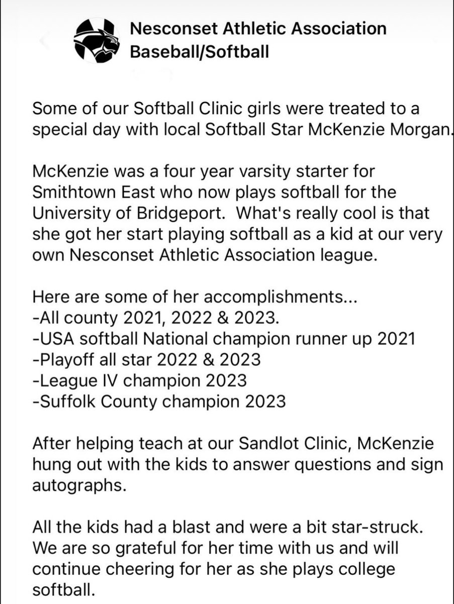 "Thrilled to have helped out at the softball clinic for the little league team where my own softball journey began years ago. It's was an honor to give back and support these young  athletes. #NesconsetSoftball #NesconsetCommunity #VolunteerSpirit"