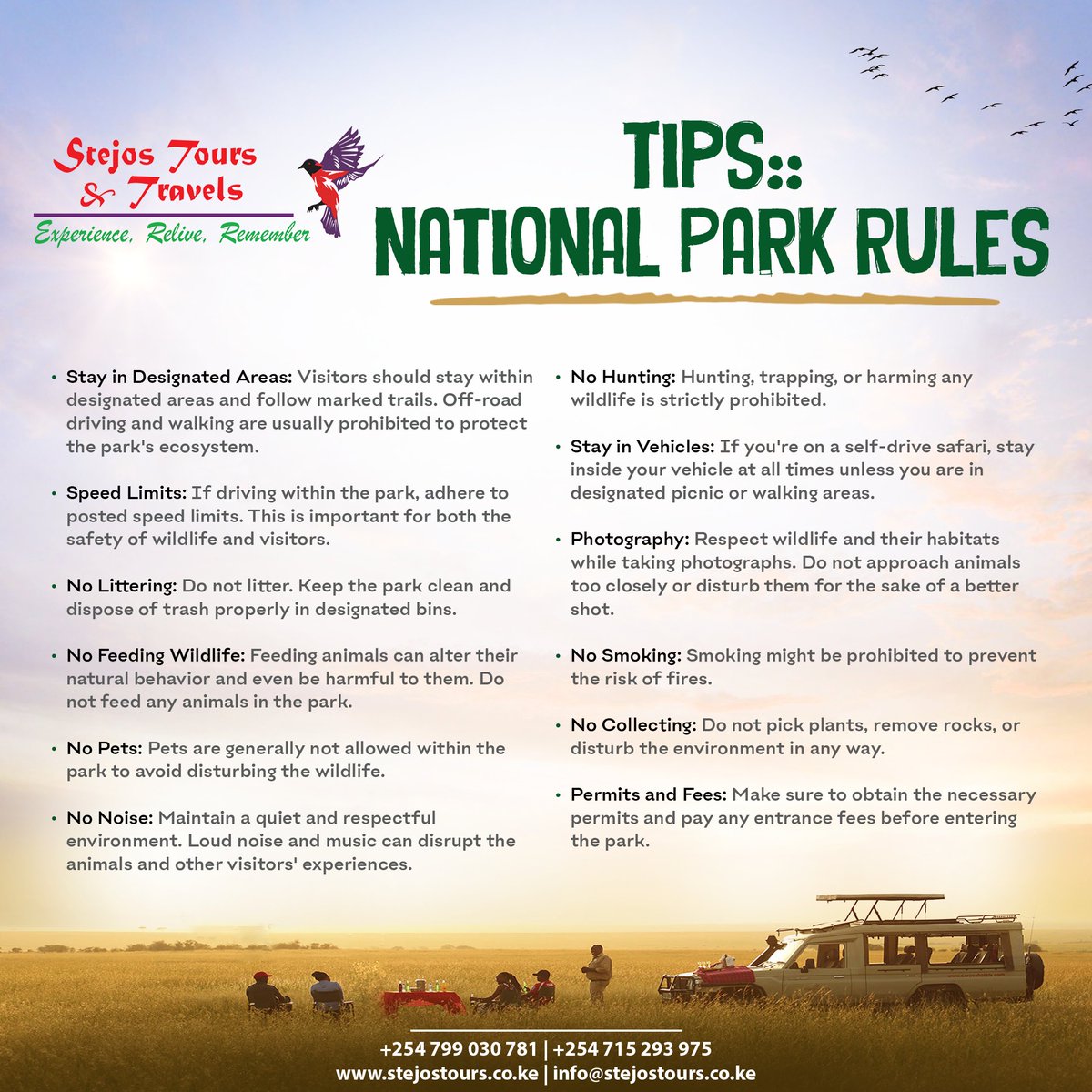 Stejos_Tours's tweet photo. Discovering a national park soon? Remember these rules👇👇👇👇👇 Not sure about the rules? Ask the park rangers or check their website. Remember, fines can apply for violations! #RespectNature #NationalParkRules https://t.co/P3bIBSXM71