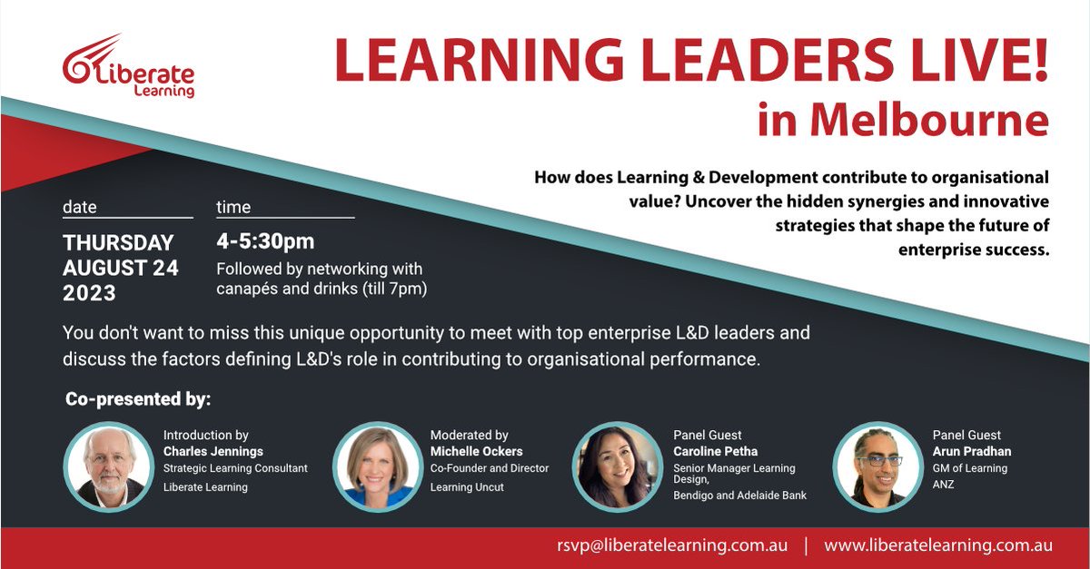 Last chance to join our #LiberateLearningLeadersLIVE! Event in Melbourne! We'll uncover the hidden synergies and innovative strategies that empower #LandD teams to enable enterprise success. Join us! Limited seats available. bit.ly/LiberateLearni…
#CLO #Learningexecutive #event