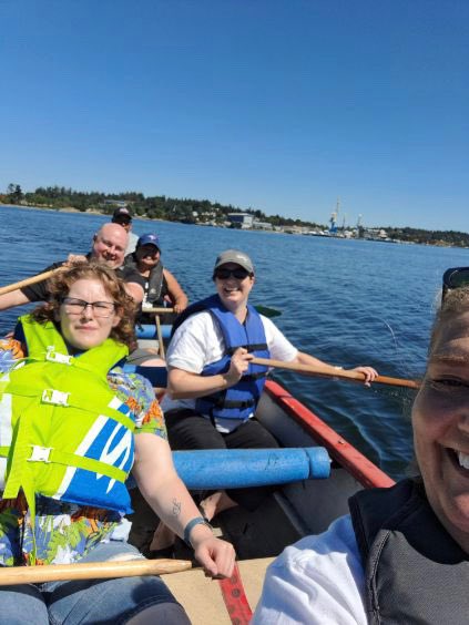 BuellMcnulty's tweet photo. What a team- what a day! Grateful and humbled by the welcome #teamTHS received today on Songees nation land and waters. Canoe rides, bone games, and new friendships. We are committed as a settler organization to do our work in a good way-with reconciliation and action! https://t.co/2v6JvyEeFv