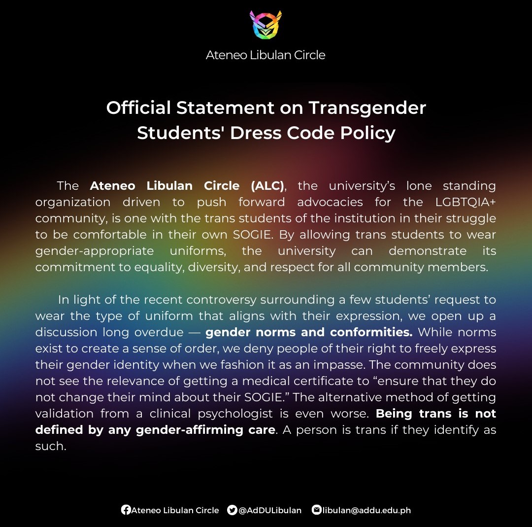 AdDULibulan's tweet photo. READ | Official Statement of the Ateneo Libulan Circle on Transgender Students' Dress Code Policy 

We urge the administration to remove unnecessary policies on uniform validation and instead adopt a paradigm shift. https://t.co/GVLFfYdlLM