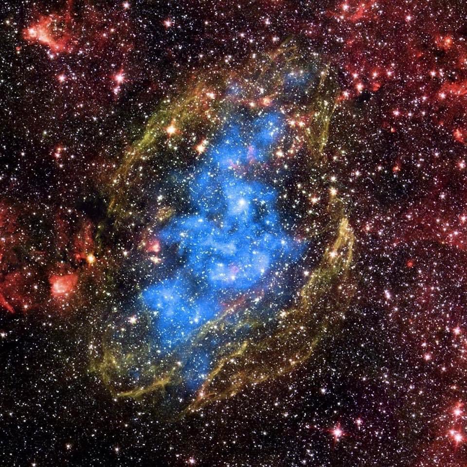 Cron_Silenzio's tweet photo. #W44 è un residuo di supernova in espansione situato a circa 9.000 anni luce nella costellazione dell’Aquila. I raggi X di #Chandra (blu) mostrano gas caldo di diversi milioni di gradi che riempiono il guscio del resto della supernova mentre si muove verso l'esterno nello spazio. https://t.co/or9LJNG4Hh