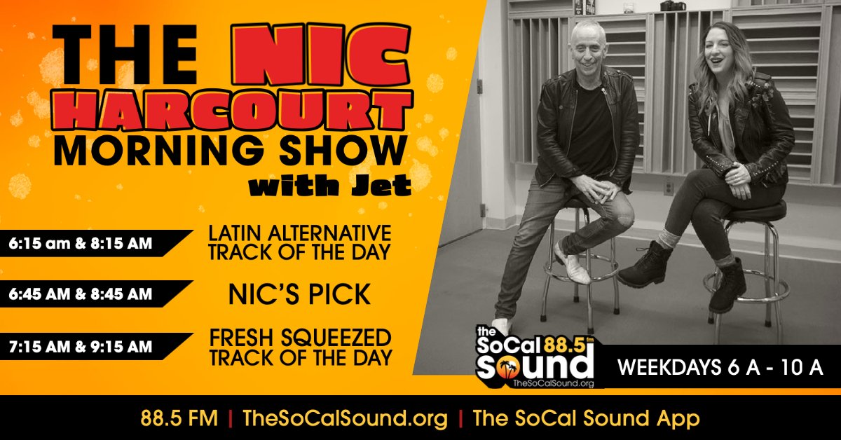 TheSoCalSound's tweet photo. Today on Mornings with @NicHarcourt & @Jet_Ontheair:
#FreshSqueezedTrackoftheDay - "Sorry" #Keo
#LatinAltTrackoftheDay - "Se Acaba" #Adrie
#NicsPick - "Upside Down" @Palomafaith
Air Times👇 https://t.co/HX2xZuXMHw