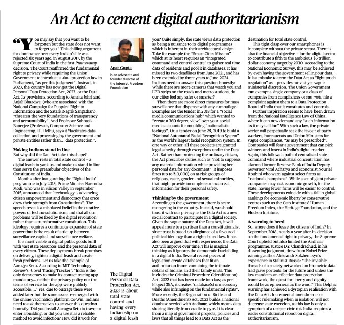 The term, "authoritarianism" should be used with care. But when conditions for it emerge, we should call it out without fear. In today's <a href="/the_hindu/">The Hindu</a> I reason why the Data Protection Act, 2023 cements it in a Digital India. 
thehindu.com/opinion/lead/a…