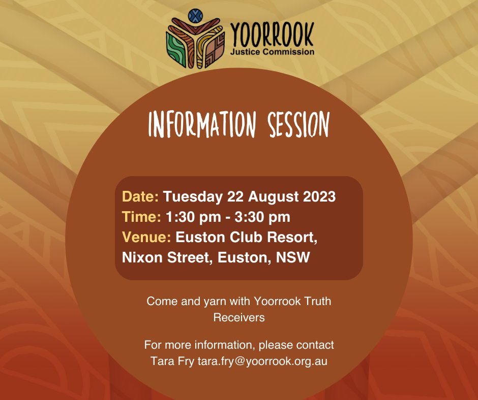 yoorrookjc's tweet image. Live near Robinvale? Come and have a yarn with #Yoorrook Truth Receivers next Tuesday 22 August in Euston

#firstpeople #FirstNations #truthtelling