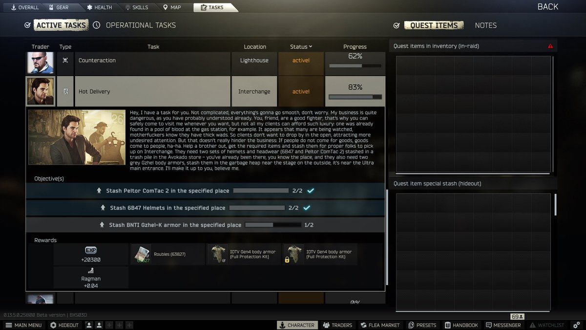 ViibiinTV's tweet image. .@bstategames can we get a fix on the quests that require items to be placed bugging out? This happens when you do not place all items in one raid/die after placing one. This quest has been bugged for me for 3 days now....

#EscapefromTarkov 
#Tarkov