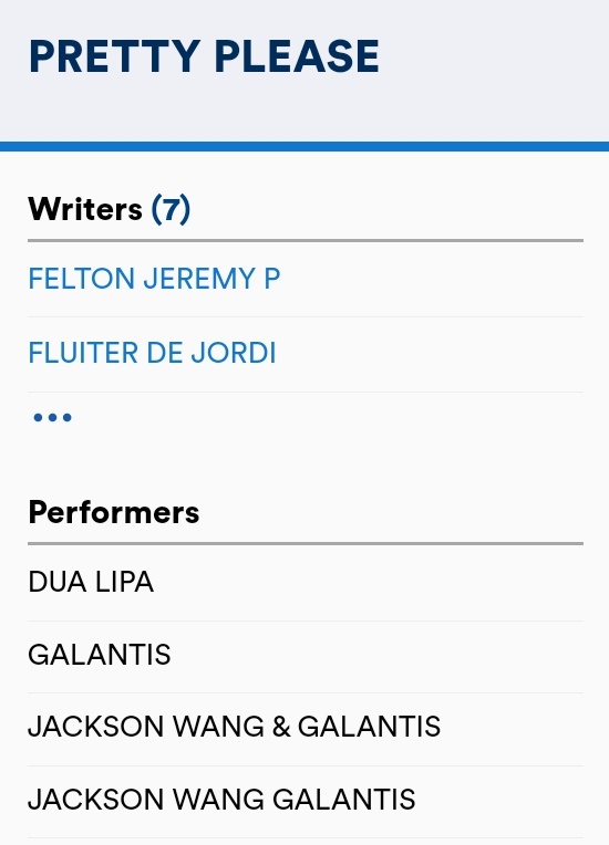 Pretty Please by Jackson Wang and Galantis has a feature with Dua Lipa. Apparently, the song has been registered on ASCAP.