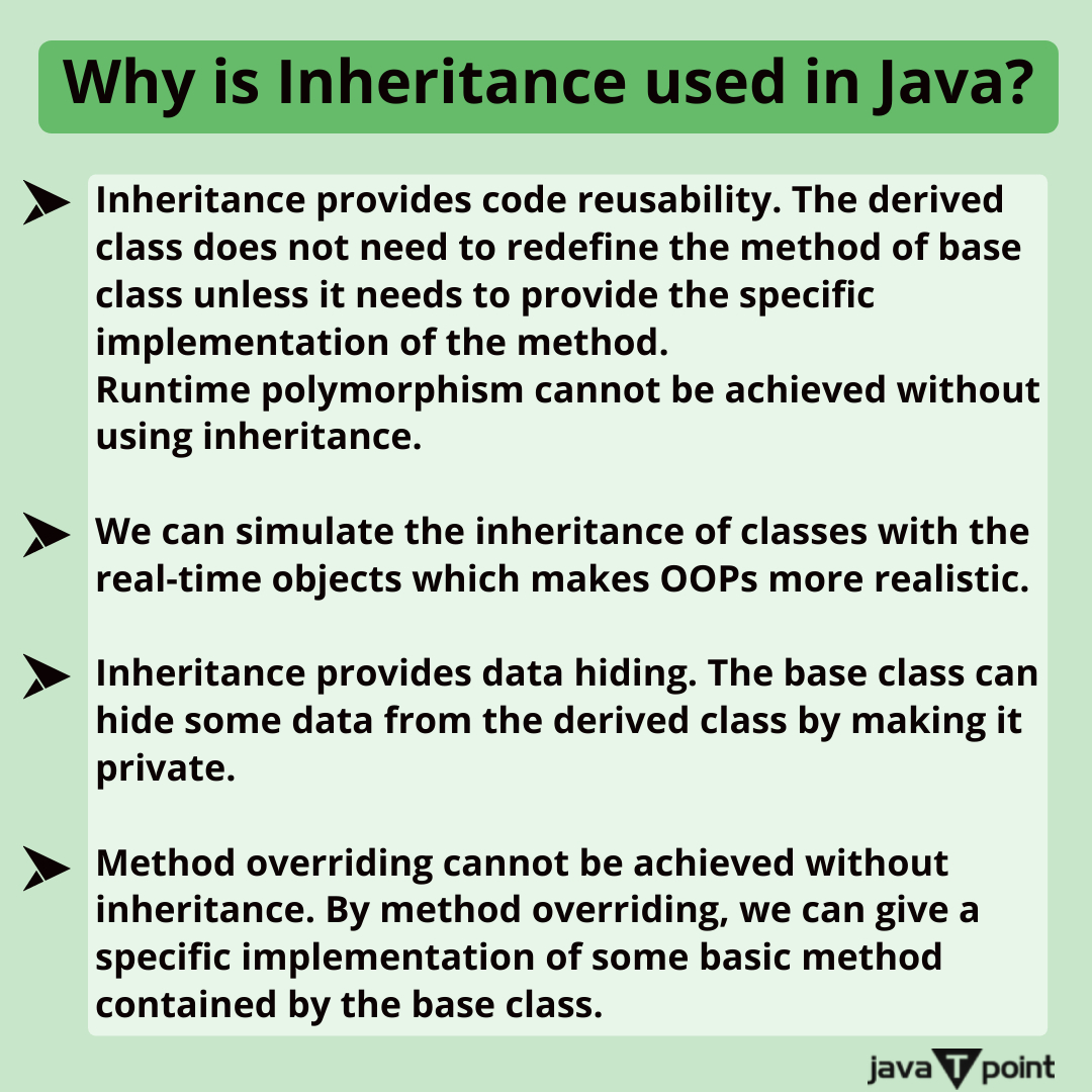 Bhavana83491661's tweet image. Why is Inheritance used in Java?
.
.
.
.
for more questions about Java
bit.ly/3XOMWPw
check the above link
.
.
.
.
#staticmethod #instancemethod #javaconstructor #javamethod #jitcompiler #classloader #javaplatform #computersciencemajor #javatpoint