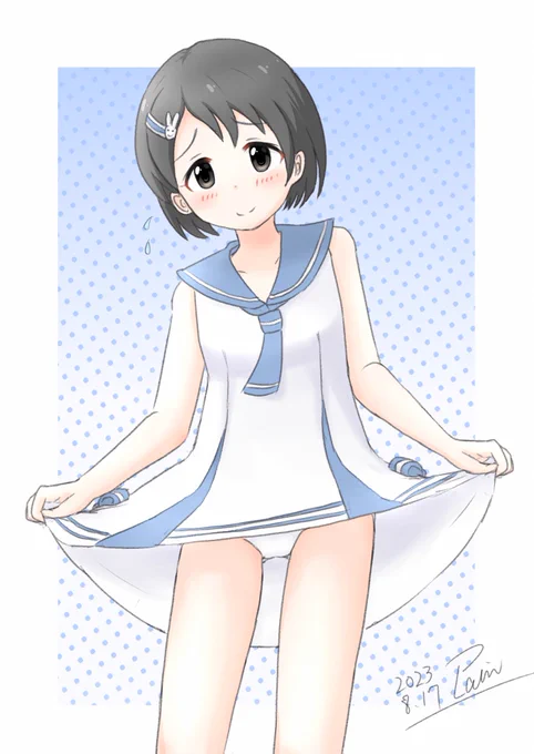 セーラーミズギ実装記念!ワンピースタイプの千枝ちゃん!ワンピースタイプはスカートっぽいので水着なのに、こう、何だ、えーと・・・良いですよね(オイ千枝ちゃんはこういう無理なお願いも戸惑いつつきいてくれそうかな?と思いながら描きました(マテ#佐々木千枝 