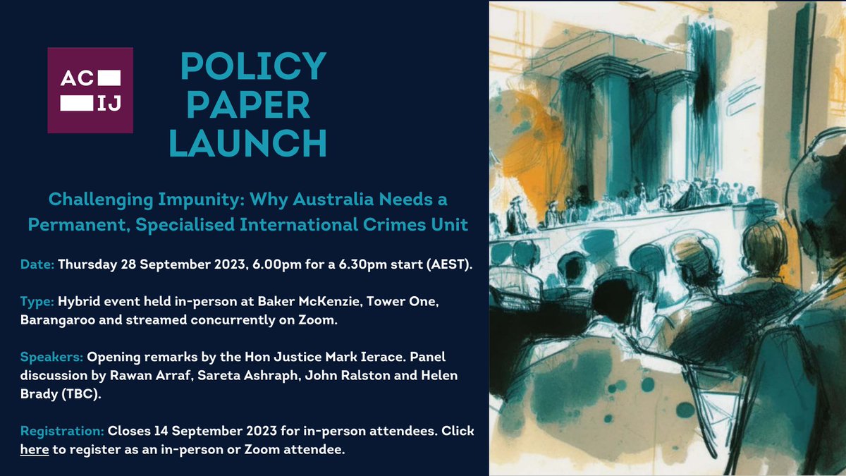 📣EVENT: Please join us in-person or online for the launch of our policy paper, 'Challenging Impunity: Why Australia Needs a Permanent, Specialised International Crimes Unit'. Details and link in the thread below! 
#auslaw #auspol