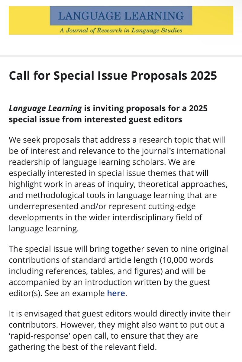 🚨 Language Learning is seeking special issue proposals for 2025! Details and contact information can be found here: onlinelibrary.wiley.com/journal/page/1… Please share widely!!