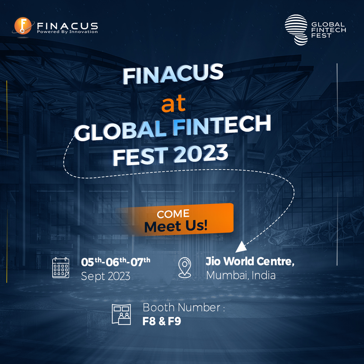FinacusTech's tweet photo. We're thrilled to be part of the Global Fintech Fest 2023, happening at Jio World Centre, Mumbai from September 5th to 7th, 2023.✨

Join us at Booth F8 &amp; F9 as we delve into the future of fintech.

#GFF2023 #FintechInnovation #GlobalFintechFest #Fintech #NBFC #Mumbai #Finacus https://t.co/iOONNwjmuZ