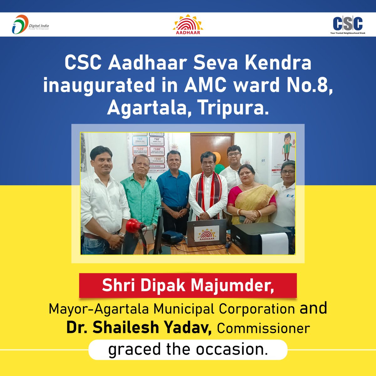 CSCegov_'s tweet photo. CSC Aadhaar Seva Kendra was inaugurated in AMC ward No.8, Agartala, #Tripura.

Shri. Dipak Majumder, Mayor-Agartala Municipal Corporation and Dr. Shailesh Yadav, Commissioner graced the occasion.

#CSC #DigitalIndia #Aadhaar #AadhaarCard #AadhaarServices @DipakMajumder_ https://t.co/NxBTJ7GqIn