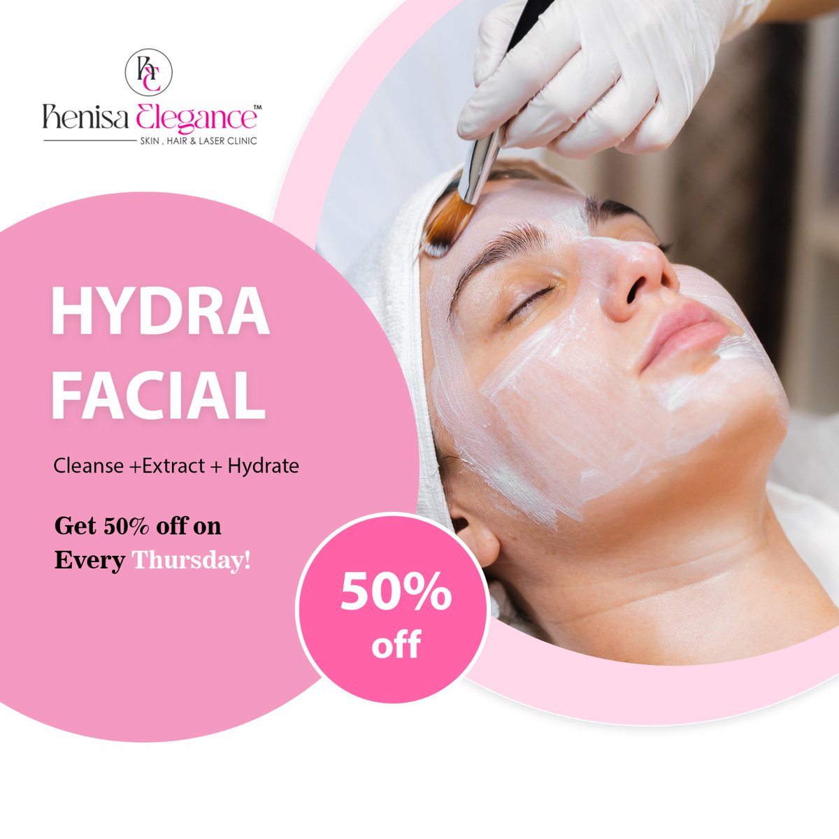 Reveal a radiant and rejuvenated complexion with this advanced skincare procedure. And here's the best part – get 50% off every Thursday! 

#RenisaElegance #SkinClinic #HairClinic #Hydrafacial #BestSkinOfYourLife #RevolutionaryTreatment #CleanseExtractHydrate #RadiantComplexion