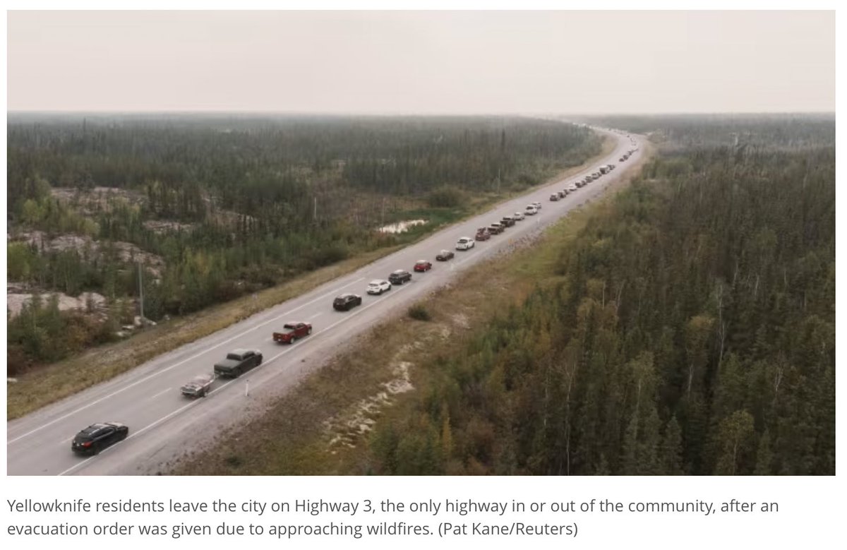 With wildfires closing in on all sides, Yellowknife (pop. 20,000), one of the largest cities in northern Canada, is being completely evacuated tonight and tomorrow.

We are in a climate emergency.
cbc.ca/news/canada/no…