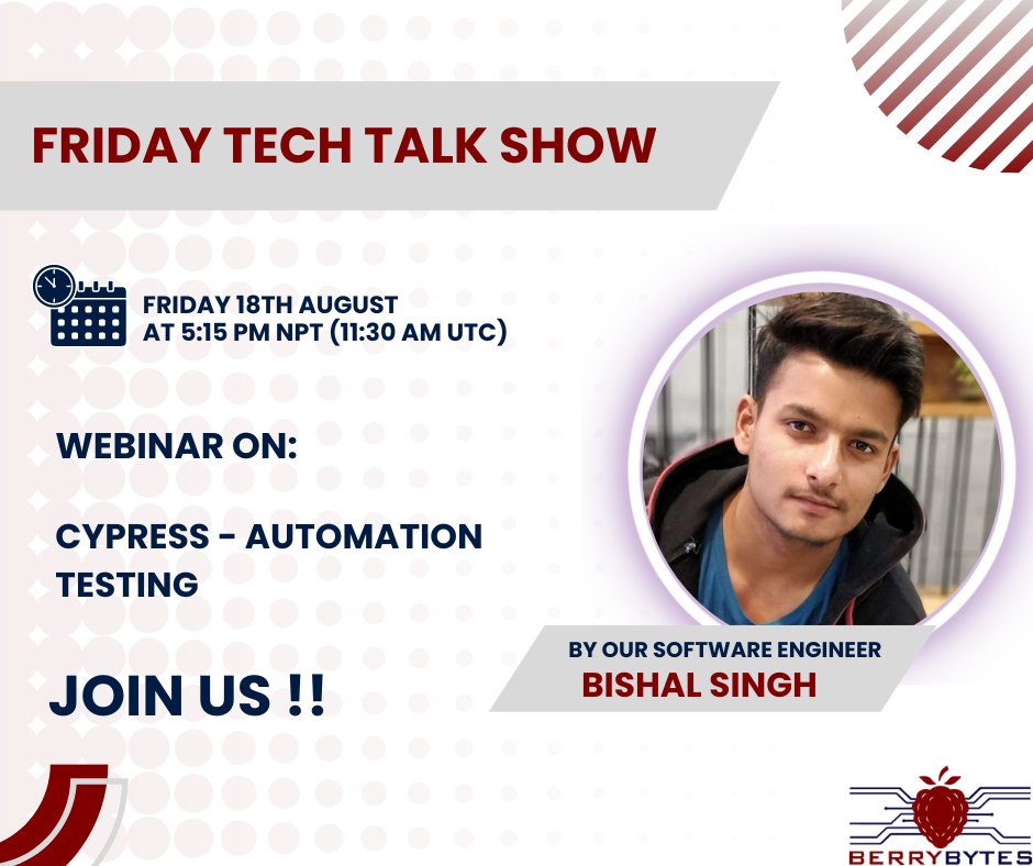 zeronecloud's tweet image. Join us for a thrilling episode of the Friday tech talk show, as we explore the topic &quot;Cypress: Automation Testing&quot; with Bishal Singh  

📅 Date: 18th August 2023
⏲ Time: 5:15 PM NPT (11:30 AM UTC)
📍 Google Meet link: 🔗 meet.google.com/xuk-msxt-gqn

#01cloud #cypress #testingtool