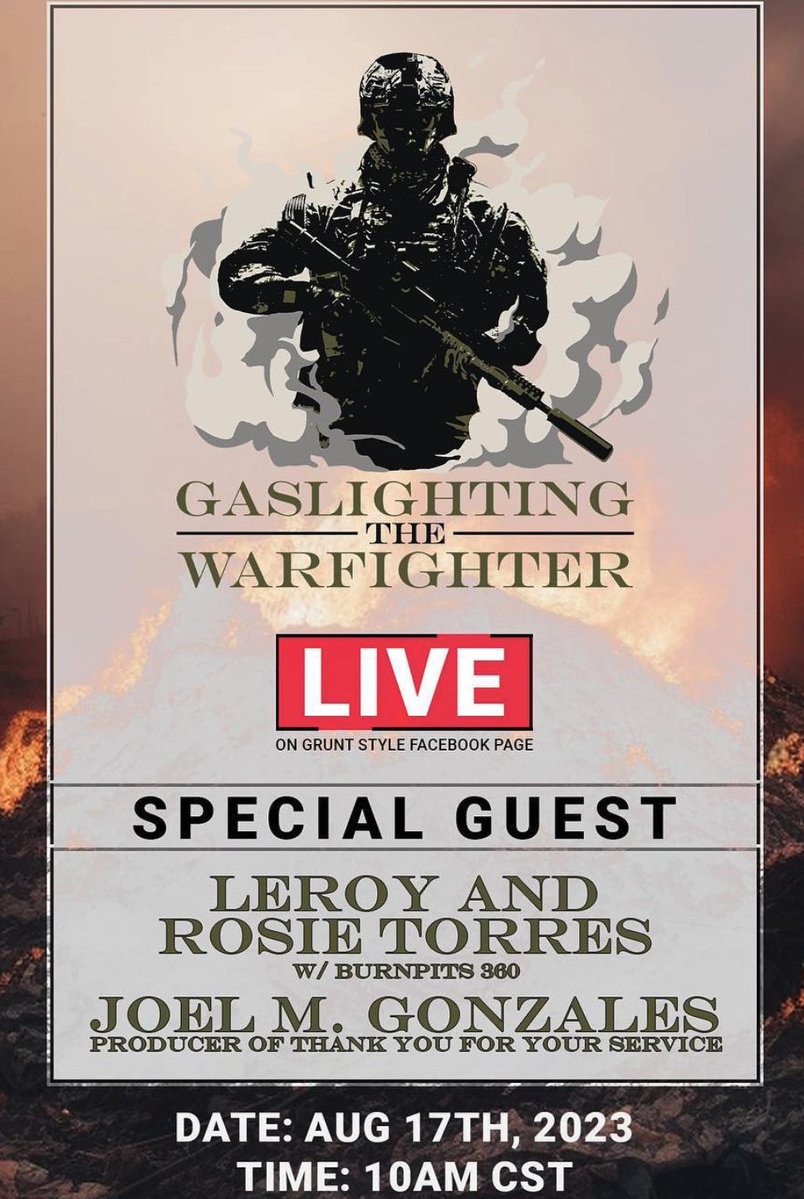 ProducedbyJMG's tweet photo. Join me TODAY on "Gaslighting The Warfighter'' w/ Captain Leroy &amp; Rosie Torres,  co-founders of @BurnPits360, w/Tim Jensen, to discuss "Thank  You For Your Service: A Burn Pit Story."  👉 Listen here: https://t.co/27ROFK1pa7 🙏 Check out our cause: https://t.co/XvI1NelTx7 https://t.co/bj39qJ1JYA